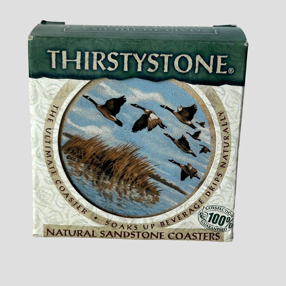 Thirstystone Geese Motif Natural Sandstone Coaster 4 Piece Set‎ Absorbent w/ Box